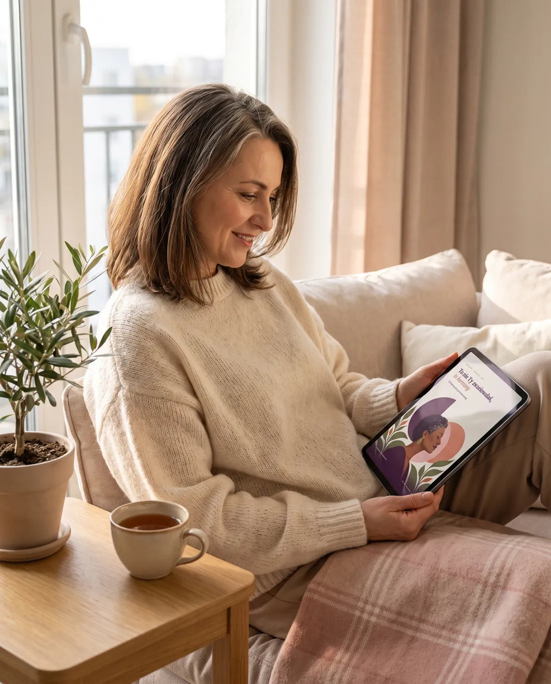 Kobieta czyta e-book na tablecie, siedząc na kanapie