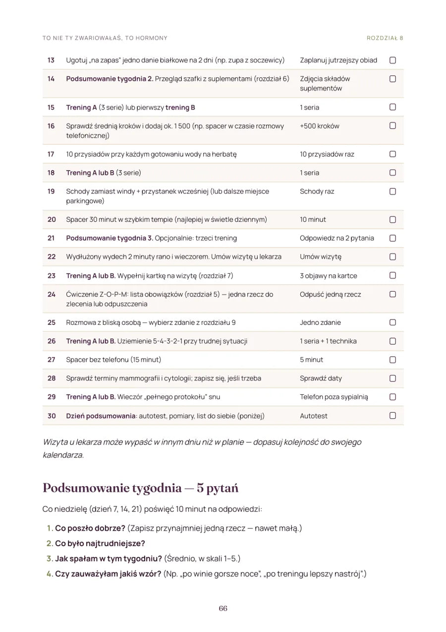 Strona z tabelą planu 30 dni